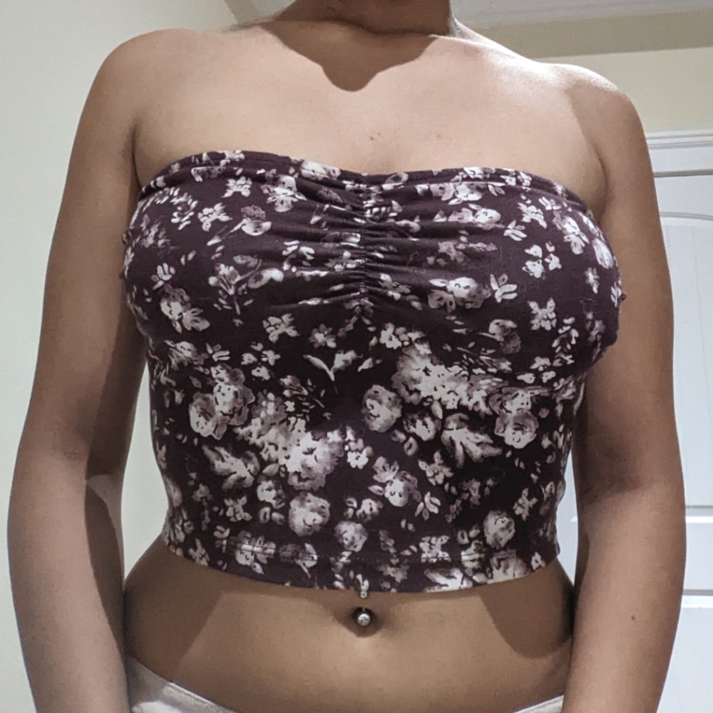 GARAGE Tube Top Bandeau Brown Floral Print Y2K